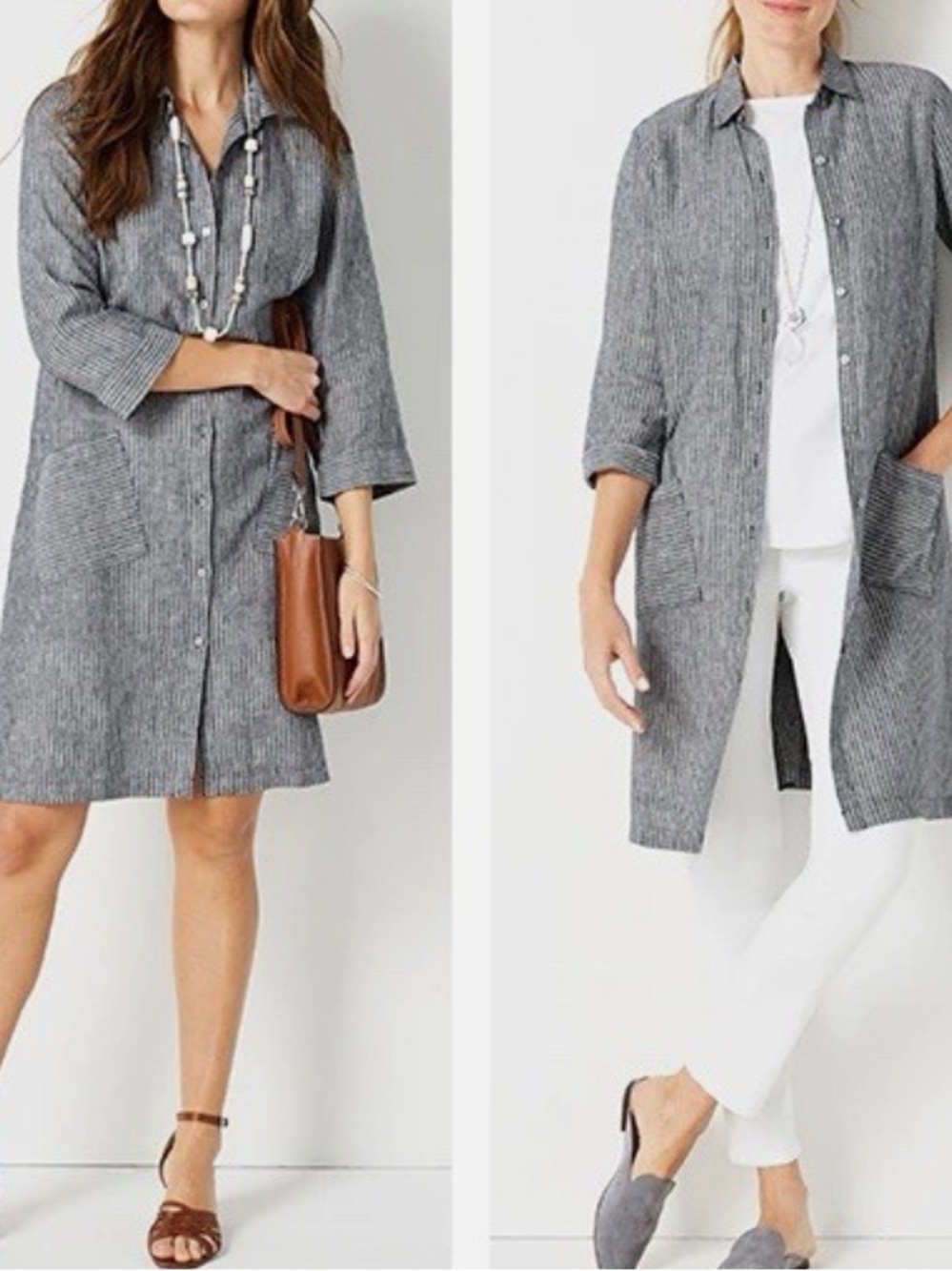 J. Jill Love Linen Shirt Dress Womens M Gray Stripe Button Front Pockets
